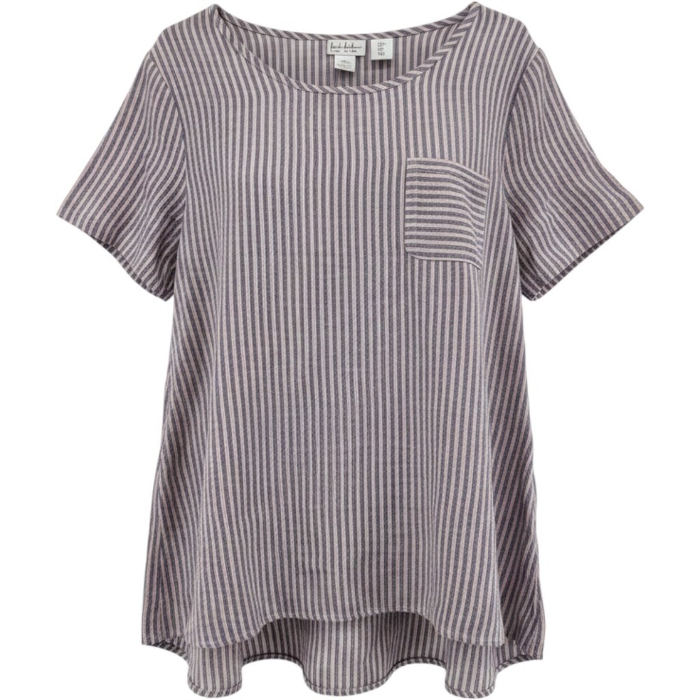 100% LINEN Nicole Miller New York Womens Large Blue Red Striped Pocket Tee Top